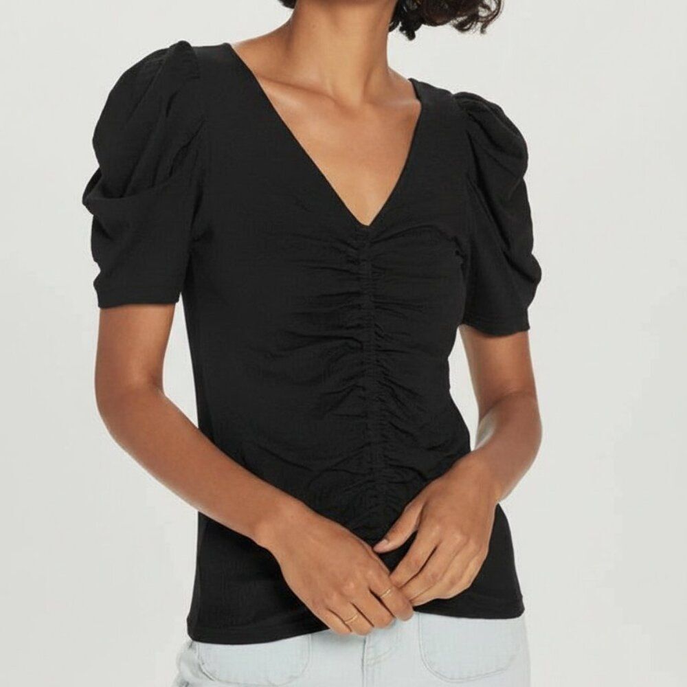 Goldie Black 100% Pima Cotton V Neck Ruched Front Tee Top Size M